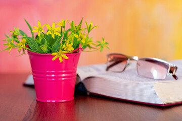 Bouquet of yellow spring flowers near the opened book and glasses