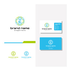 letter E DNA logo design and business card vector