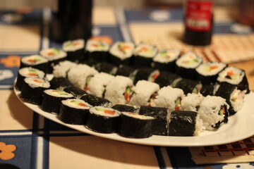 homemade japanese sushi rolls on the table