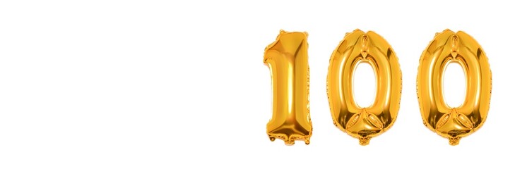 Number 100 of golden balloons isolated on a white background.Banner. Copy space for text