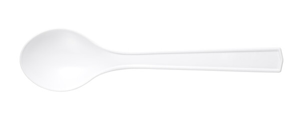 Plastic white spoon isolated on white background. Top view.