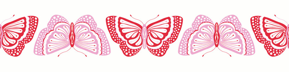 Butterfly border design, cute vector seamless repeat banner illustration of pretty insects in pink and red.