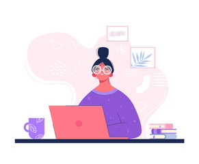 Woman With Laptop. Online Education For A Computer. Girl With Glasses In Flat Hand Drawn Style. Vector stock illustration.