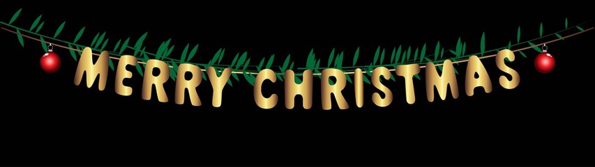 merry christmas, golden letters hanging on rope , decorated with green branches, garland, perfect for decorating posters and invitations, banner, vector perfect for dark backgrounds