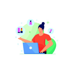 Concept of online shopping, The young woman is sitting in front of the laptop that displays contain discount rate, list of products order the goods from the online store