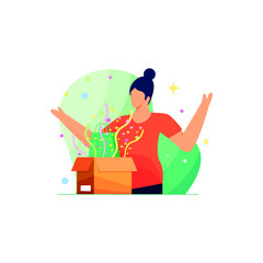 Women open gift box and surprising concept illustration Vector. colorful young girl open box & surprised.