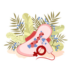 Tampon and sanitary napkin on the background of leaves and flowers. Menstrual cycle and personal care products. Vector stock illustration.