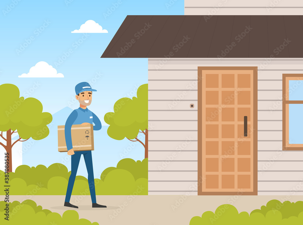 Wall mural male postman courier delivering parcel box to customer door, delivery service concept vector illustr