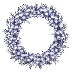 Frame with Blue Hand-Drawn Thin-leaved Marigolds Flowers.