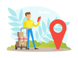 Online Delivery Service, Courier Delivering Parcel Box using Smartphone with Mobile App Vector Illustration
