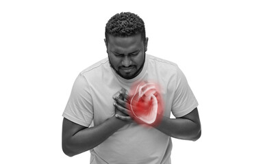 cardiology, healthcare and medicine concept - sick african american man suffering from heart ache...
