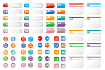 数字の入ったカラフルなデザインパーツのセット素材/白背景