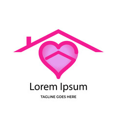 House logo and love within. Symbol of house and heart with pink color. Template for property, healthcare and happy family.