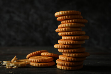Pile of cracker biscuits on wooden background, space for text
