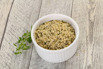 Peeled hemp seeds in the bowl