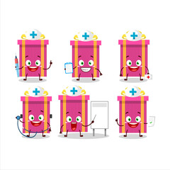 Doctor profession emoticon with pink christmas gift cartoon character
