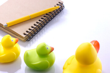 spiral craft notebook, pen for business concept with ducks on white background