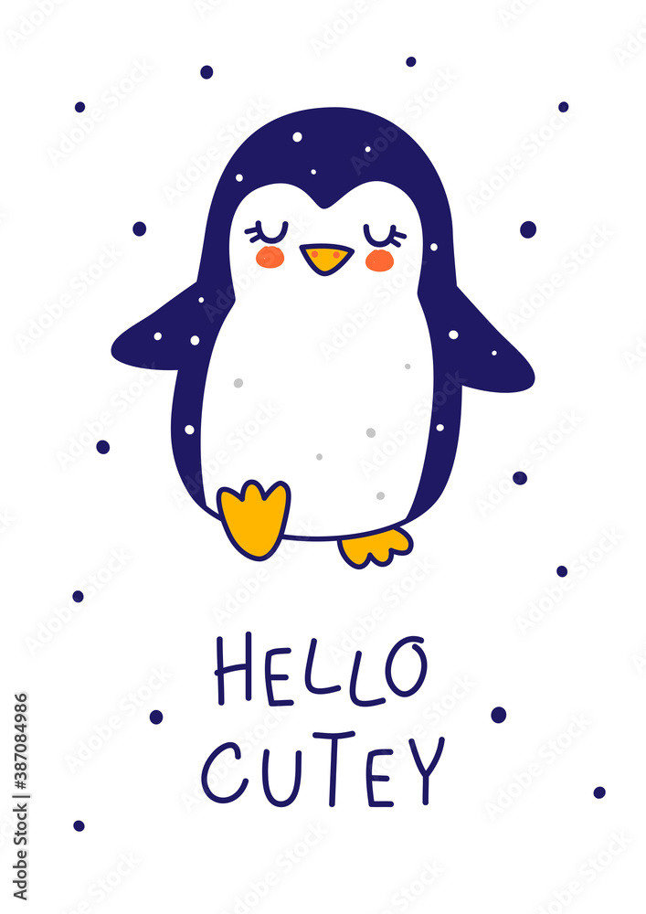 Wall mural cute little penguin isolated on white background - cartoon character for funny christmas and new yea