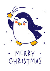 Fototapeta na wymiar Cute little penguin with star isolated on white background - cartoon character for funny Christmas and New Year greeting card and poster design
