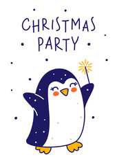 Cute little penguin with sparkler isolated on white background - cartoon character for funny Christmas and New Year winter greeting card and poster design
