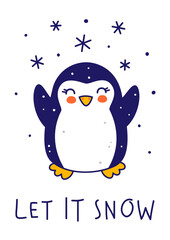 Cute little penguin with snow isolated on white background - cartoon character for funny Christmas and New Year winter greeting card and poster design