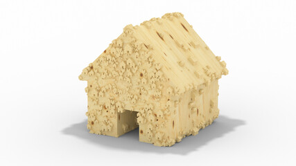 Wood house cross section isolated on white background. 3d rendering