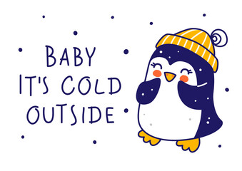 Cute little penguin wearing warm knitted hat isolated on white background - cartoon character for funny Christmas and New Year winter greeting card and poster design
