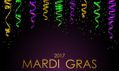 Wallpaper with green, yellow and violet serpentine, ribbon, dust confetti and golden lettering Mardi Gras, isolated on black background. Vector illustration.