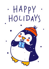 Cute little penguin wearing knitted hat with  gift box isolated on white background - cartoon character for funny Christmas and New Year winter greeting card and poster design