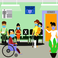 Vector of Patients sitting social distance and waiting for thier treatment at hospital. wearing medical face mask due to pandemic of coronavirus, covid-19.