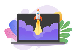 Rocket launch business boost online on computer screen vector colorful flat design, high speed development of project, digital fast quick growing pc internet start up, new product release