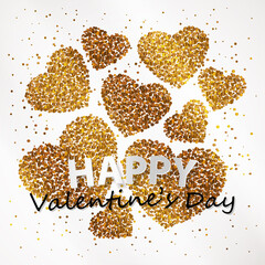 Poster with heart of gold confetti, sparkles, golden glitter and lettering Happy Valentines Day on white background. Vector illustration. 