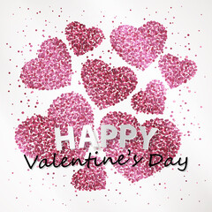 Poster with hearts of red and pink confetti, sparkles, glitter and lettering Happy Valentines Day on white background. Wallpaper for Valentines Day. Vector illustration.