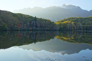 Obraz premium A pond that reflects trees and mountains like a mirror. At dusk. Beautiful scenery of Japan.