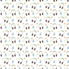 Watercolor pattern with headphones, notes, treble clef. Seamless pattern on the theme of music and recording on a white background