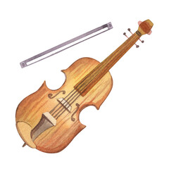 Watercolor illustration of a violin with a bow. Musical instrument on white background