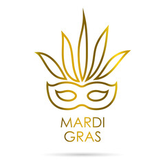 Carnival mask with gold and yellow colors with golden lettering Mardi Gras. Isolated on white background. Vector illustration. 