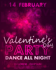 Poster for Valentines Day party, dance template with pink hearts from burst, lights and lettering love, happy. Vector illustration for Holidays.