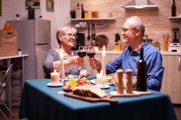 Fototapeta na wymiar Elderly couple toasting wine glasses for festive dinner. Happy cheerful senior elderly couple dining together in the cozy kitchen, enjoying the meal, celebrating their anniversary.