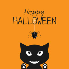 Happy Halloween. Black cat face head silhouette looking up to hanging on dash line web spider insect. Cute cartoon character. Baby pet animal collection. Flat design Orange background. Vector
