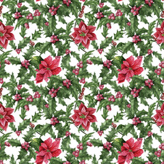 Holly poinsettia watercolor winter seamless pattern on white background