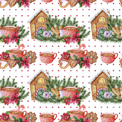 Gingerbread spruce branches hot chocolate watercolor christmas seamless pattern on white background
