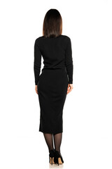 business woman in black dress, back view, isolated on white.