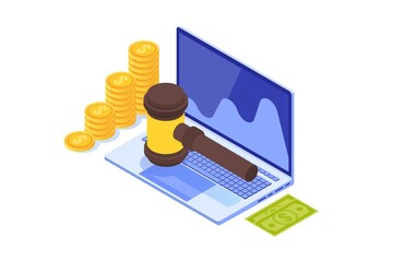 Online internet auction, International trade isometric concept. Vector illustration