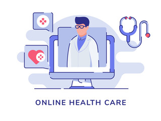 Online health care concept doctor character on display monitor computer white isolated background with flat style