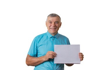 Smiling man holding blank white sheet for text. Isolated over white background.