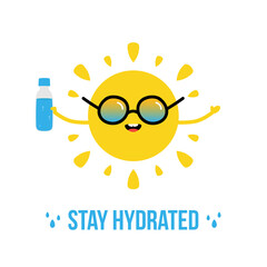 Cute cartoon vector sun character in sunglasses holding a bottle of water in hand. Stay hydrated illustration, card, concept.
