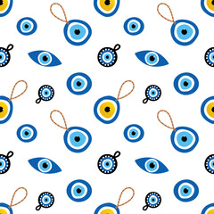 Vector seamless pattern background with variety of cartoon style turkish blue eye-shaped amulets, nazar talismans. 