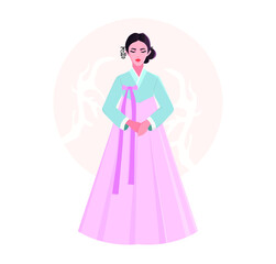 Traditional Korean clothing. Young woman in a traditional dress. Hanbok. Korean woman. Asia. Vector illustration. 