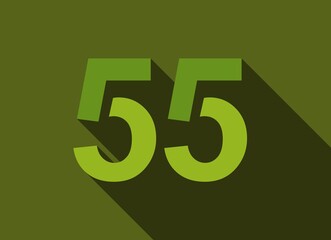 55 Number with long shadow, green colors cutting style. For logo, brand label, design elements, corporate identity, application & more. Vector editable illustration.